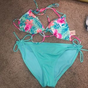 Turquoise and floral bathing suit